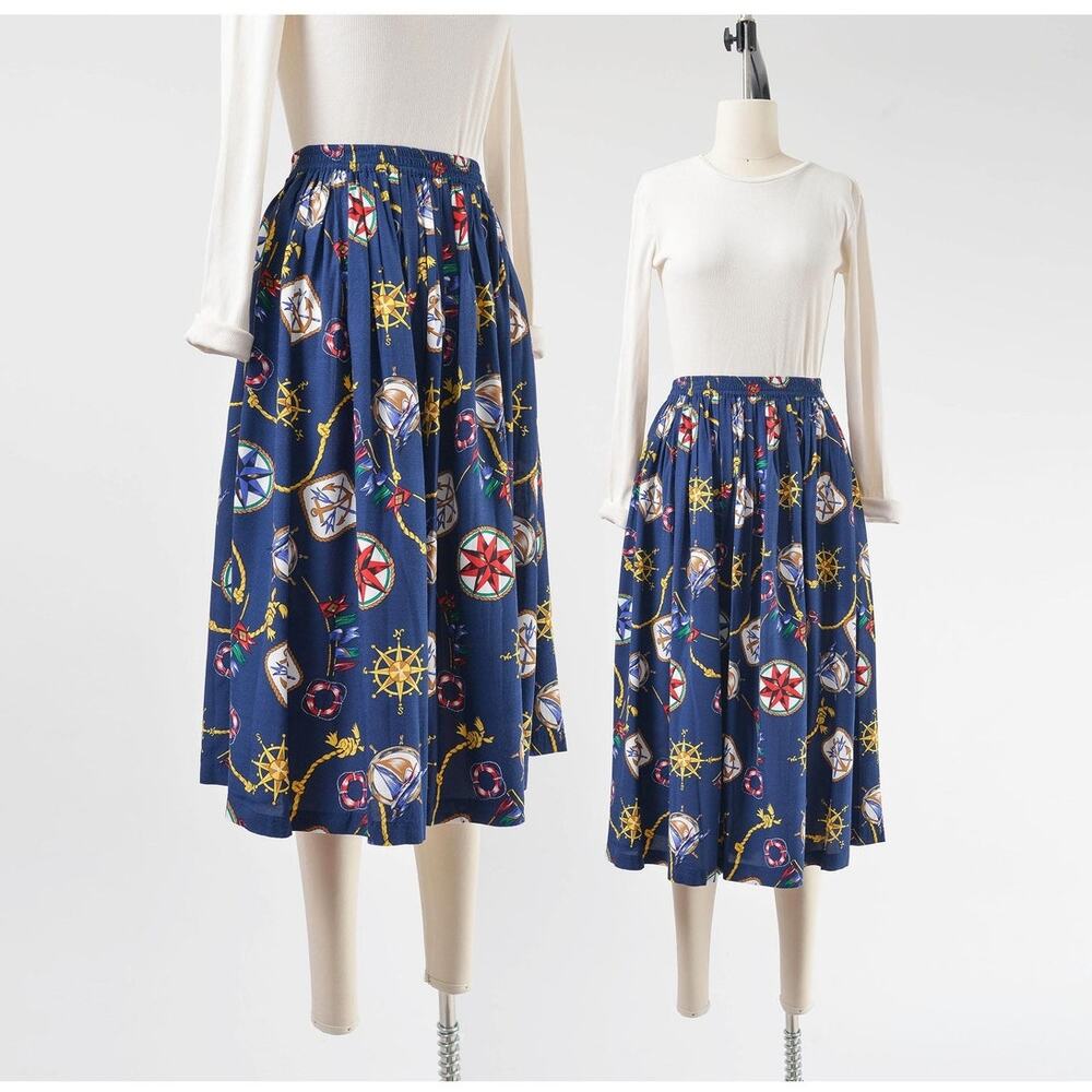 Vintage Nautical Navy Sailboat Anchor Print Elastic Waist Midi Skirt L